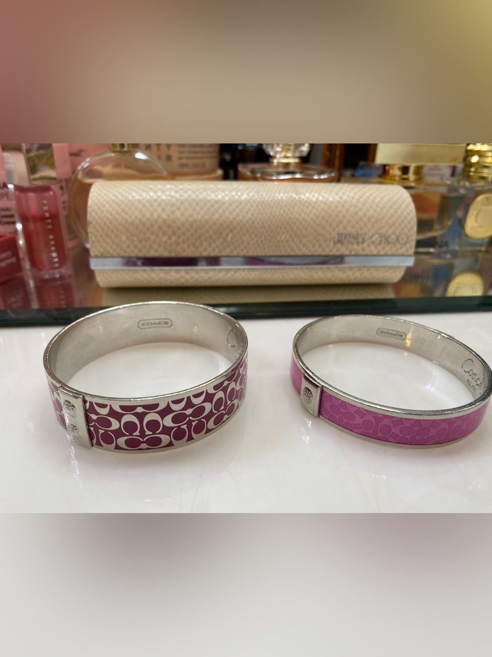 Coach Signature C Wide & Poppy Thin Silver Enamel Bangle Set, Magenta/Light Pink